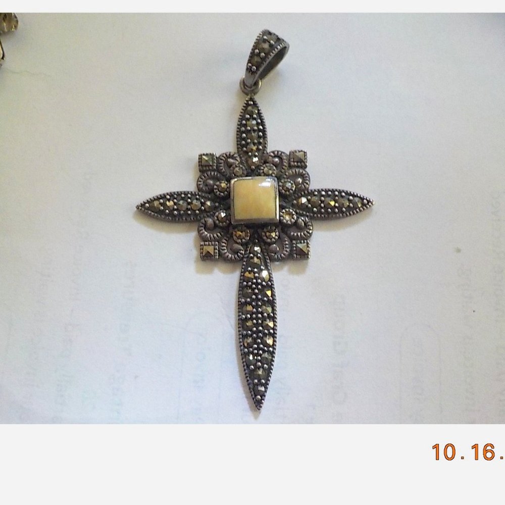 Vintage Sterling Silver Ornate Cross Marcasite Jasper Gorgeous 3 1/8" x 1 7/8"